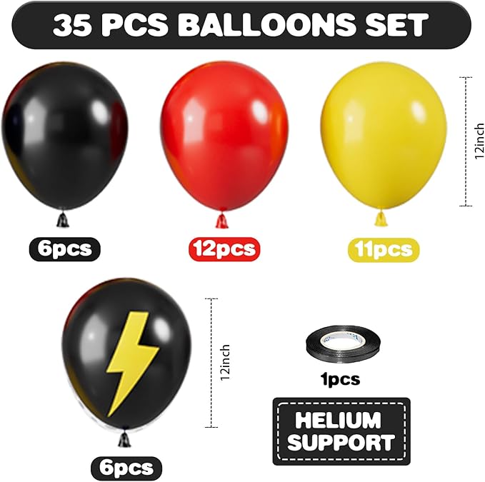 Red Yellow and Black Balloons, 12 Inch Lightning Print Balloons, Yellow Red Black Lightning Printed Latex Helium Balloon for Girls Boys Birthday Race Car Theme Party Decorations