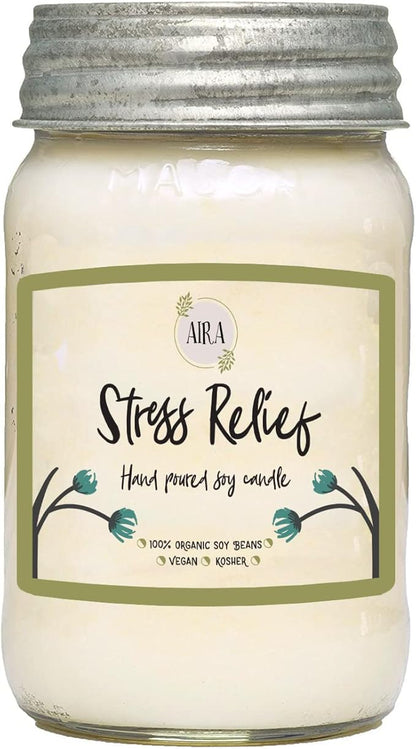Aira Soy Candles - Organic, Kosher, Vegan, in Mason Jar w/Therapeutic Grade Essential Oil Blends - Hand-Poured 100% Soy Candle Wax - Paraffin Free, Burns 110+ Hours -Relaxing Stress Relief -16 Ounces