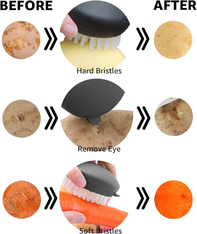 Professional Veggie Brush – Heavy Duty Root & Leafy Vegetable Cleaner , Dual-Action Potato Scrubber & Fruit and Vegetable Brush , Your Home Essentials (Black 2-Pack)