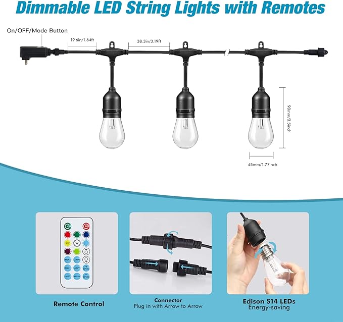 Outdoor String Lights, 24FT Color Changing Outdoor String Lights, Patio Lights Waterproof Porch Light with Remote, for Patio Decor