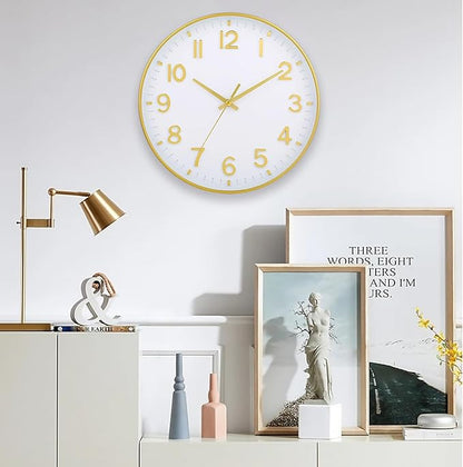 HZDHCLH White and Gold Wall Clocks Battery Operated 12 inch Silent Non Ticking Modern Wall Clock for Living Room Bedroom Kitchen Office Decor