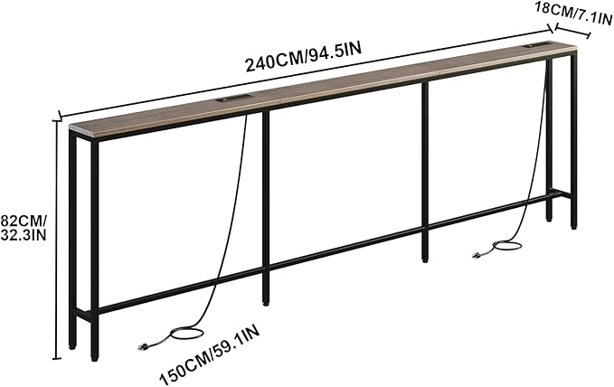 94.5" Behind Couch Table with 2 Fast Charging Stations, 7.1" Narrow Skinny Sofa Table with 4 Power Outlets, 4 USB-A, 2 USB-C for Console Entryway, Black Oak