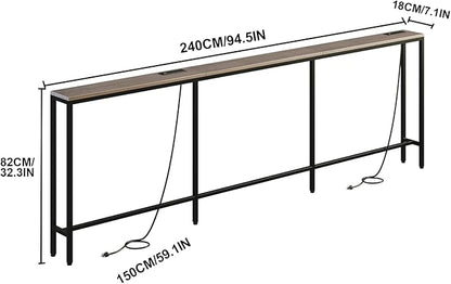 94.5" Behind Couch Table with 2 Fast Charging Stations, 7.1" Narrow Skinny Sofa Table with 4 Power Outlets, 4 USB-A, 2 USB-C for Console Entryway, Black Oak