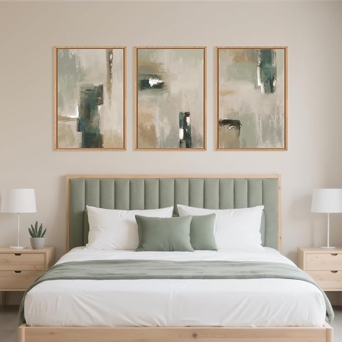 Large Abstract Green Brown Framed Canvas Wall Art,Modern Brush Stoke Wall Decor,Neutral Beige Grey Wall Painting,Rustic Minimalist Artwork for Living Room,Bedroom,Dining Room,Office -24"x36"x3