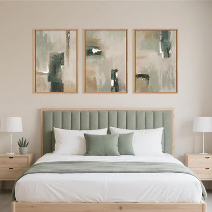 Large Abstract Green Brown Framed Canvas Wall Art,Modern Brush Stoke Wall Decor,Neutral Beige Grey Wall Painting,Rustic Minimalist Artwork for Living Room,Bedroom,Dining Room,Office -24"x36"x3