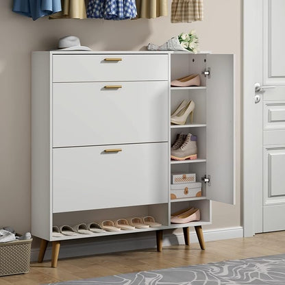 Shoe Rack Cabinet, Free Standing Shoes Storage Organizer Cabinet with 2 Flip Drawers, Entryway Narrow Shoe Rack Storage with Doors for Entryway