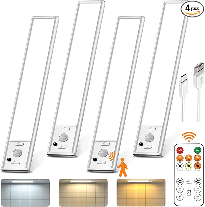 Under Cabinet Lights Wireless,Motion Sensor Light Indoor Closet Lights with Remote Control,3 Color Temps,LED Rechargeable Battery Operated,Under Counter Lights for Kitchen,Wardrobe,Stairs,4 Pack