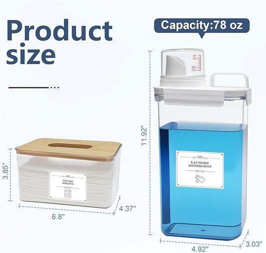 2 Pack Laundry Detergent Dispenser and Dryer Sheet Holder Set, 78 oz Laundry Soap Dispenser, Plastic Liquid Fabric Softener Dispensers for Laundry Room Organization with 12 Labels