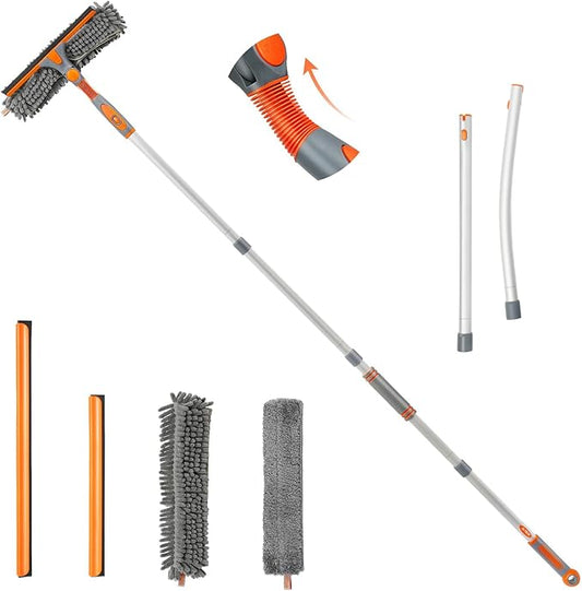 Eazer Squeegee Window Cleaner 2 in 1 Rotatable Window Cleaning Tool Kit with Elbow/Straight Extension Pole, 62‘’ Window Washing Equipment with Bendable Head for Indoor/Outdoor Car Glass