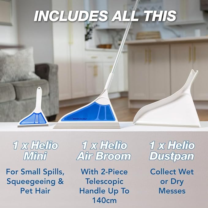Helio AirBroom 3 Piece Kit All Surface Sweeper and Squeegee for Wet and Dry Cleaning Dust, Dirt, Liquids, Pet Hair, Tile, Hardwood Floors, Carpet, Furniture, Windows, Shower Doors As Seen on TV