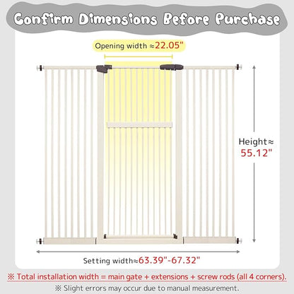 Lumizone Extra Tall Pet Gate 55.12" High Pressure Mounted 63.39"-67.90" Extra Wide (9 Sizes) 1.37" Gap for Cat Dog Stairs Doorway Hallway No Drilling Auto-Close (63.39"-67.90" W, Cream White)