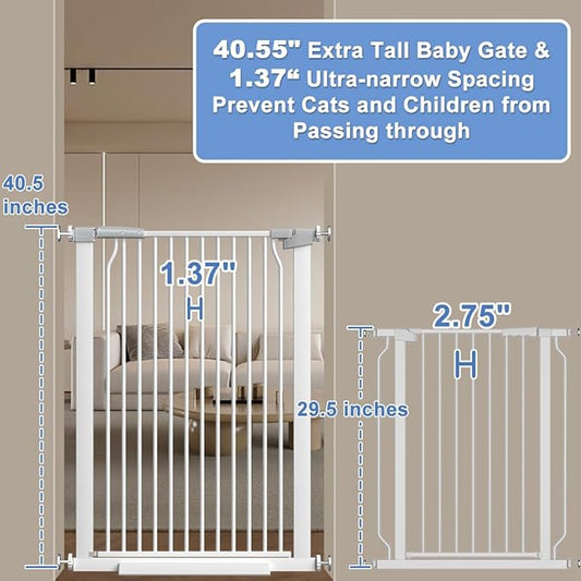 40.55" Extra Tall Baby Gate for Stairs-29.6"-34" Wide 1.37" Ultra Narrow Spacing Extra Wide Pet Cat Gate Dog Gate-Auto-Close Pressure Mounted Dog Door for Pets and Kids,White