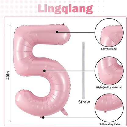 Light Pink Balloon Number 5, 40 Inch Large Self Inflating Foil Number Balloons 0-9, Pastel Pink Digital 5 Helium Balloon for 5th Girls Women Birthday Party Graduation Anniversary Decorations