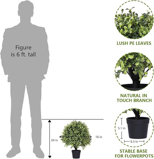 THE BLOOM TIMES 2ft Faux Boxwood Plants Outdoor Set of 2, 24" Tall UV-Resistant Artificial Evergreen Topiary Ball, Fake Potted Greenery Bushes & Shrubs for Front Porch Planter, Patio Outside Decor