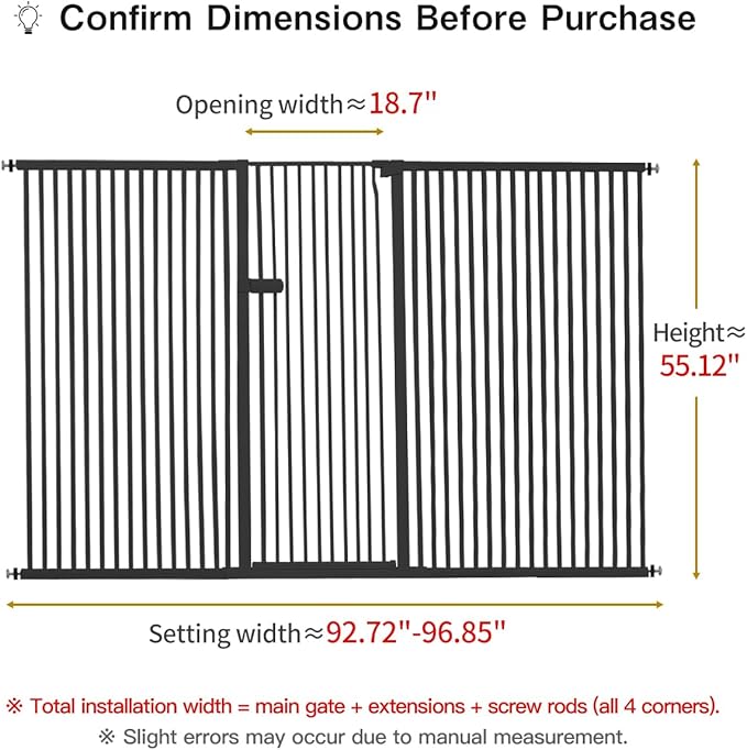 Lumizone Extra Tall Cat Gate 55.12" High Pressure Mounted Extra Wide 2025 New (17 Sizes) 1.37" Gap No Drilling Auto-Close One-Handed Operation Tall Pet Gate for Dogs(Black, 55.12" H x 92.72"-96.85" W)