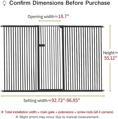 Lumizone Extra Tall Cat Gate 55.12" High Pressure Mounted Extra Wide 2025 New (17 Sizes) 1.37" Gap No Drilling Auto-Close One-Handed Operation Tall Pet Gate for Dogs(Black, 55.12" H x 92.72"-96.85" W)