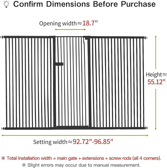Lumizone Extra Tall Cat Gate 55.12" High Pressure Mounted Extra Wide 2025 New (17 Sizes) 1.37" Gap No Drilling Auto-Close One-Handed Operation Tall Pet Gate for Dogs(Black, 55.12" H x 92.72"-96.85" W)