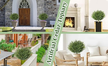 15.7" Fake Shrubs, Artificial Cedar Ball Tree Plant, 4 Packs of Fake Cedar Outdoor shrubs with Ground Spike, UV Resistant Fake shrubs, Used for Indoor and Outdoor Front Porch Gardens