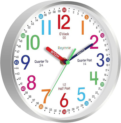 14 Inch Wall Clock for Kids Learning to Tell Time, Modern Silent Battery Operated Teaching Clock, Ideal Gift for Kids Room School