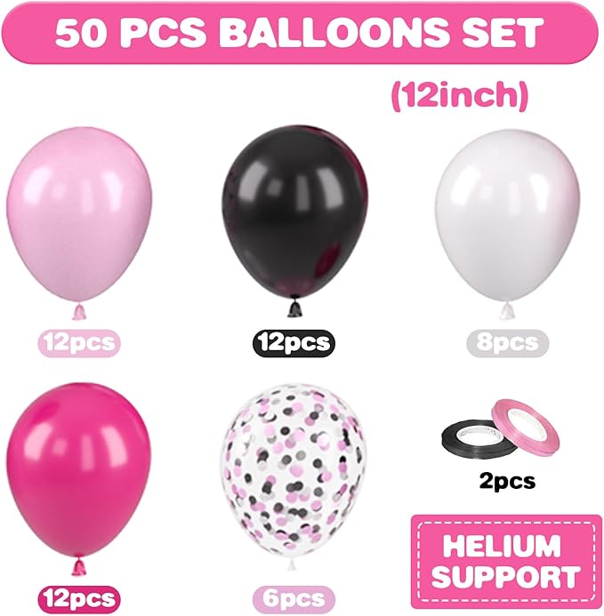Pink and Black Balloons, 12 Inch Pink Black Balloons, Hot Pink White Pastel Confetti Latex Balloon for Girls Birthday Baby Shower Wedding Bridal Shower Party Decorations