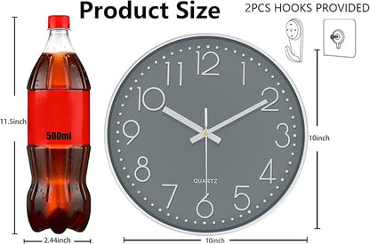 Wall Clock, Silent Wall Clocks Battery Operated 10 Inch Modern Non Ticking Analog Clock with Large Numerals Tempered Glass Clocks for Bedroom, Living Room, Kitchen, Office Decor, Grey