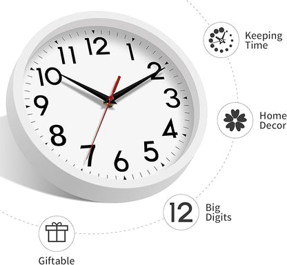 Wall Clock Small Analog 8 Inch Silent Non Ticking Battery Operated Modern Simple Decorative for Kitchen Office Bedroom Bathroom Living Room(White)