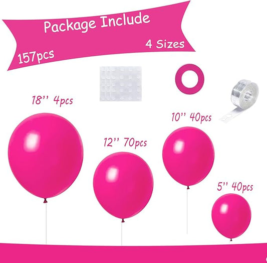 154pcs Hot Pink Balloons Different Sizes 18/12/10/5 Inch Party Balloons arch Kit for Valentine's Day Birthday Baby Shower Wedding Princess Theme Party Decoration