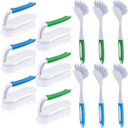 Hsei 12 Pcs Heavy Duty Scrub Brush Kit, Bathroom Bathtub Scrubber, Hard Bristle Cleaning Brush with Ergonomic Handle and Durable Bristles for Cleaning Carpet Kitchen Pots, Pans and Sinks