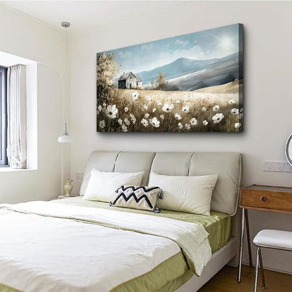 Wapluam Canvas Wall Art For Living Room Large Wall Decor For Bedroom Field Scenery Watercolour Flowers Wall Paintings Office Decorations Old House Pictures Artwork Home Decor Ready To Hang 48L x 24W