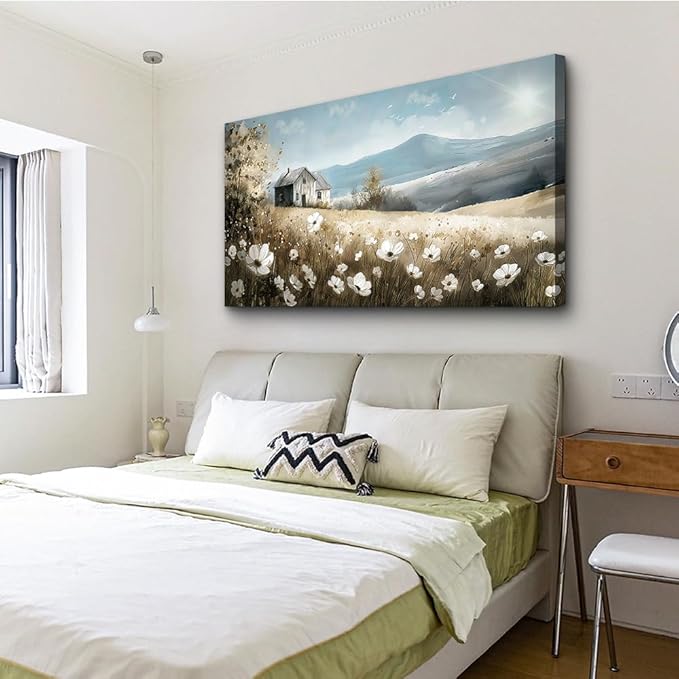 Wapluam Large Canvas Wall Art For Living Room Wall Decor For Bedroom Office Decorations Watercolour Wall Paintings Stretched And Framed Farmhouse Old house Scenery Pictures Artwork Hanging Home Decor