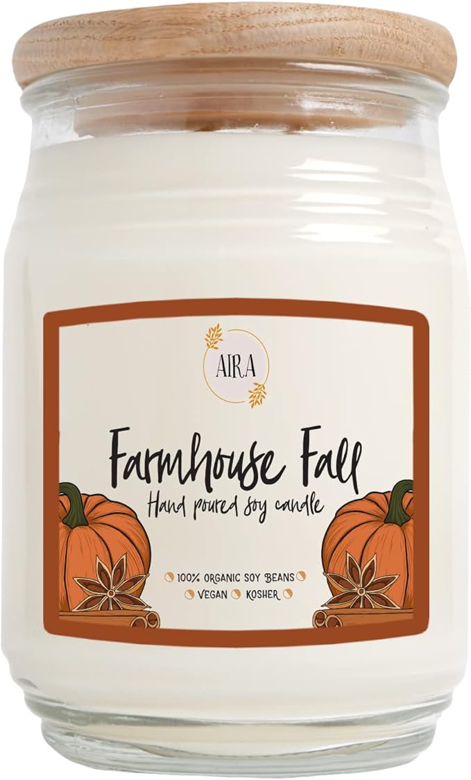 Aira Fall Soy Candles - Organic, Kosher, Vegan, Farmhouse Candle w/Aromatherapy Essential Oils - Hand-Poured 100% Soy Candle Wax - Paraffin Free, Burns 60+ Hours - Farmhouse Fall - 20 Ounces