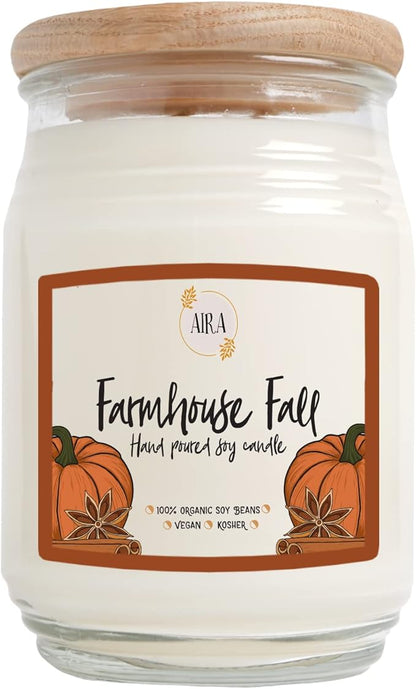 Aira Fall Soy Candles - Organic, Kosher, Vegan, Farmhouse Candle w/Aromatherapy Essential Oils - Hand-Poured 100% Soy Candle Wax - Paraffin Free, Burns 60+ Hours - Farmhouse Fall - 20 Ounces