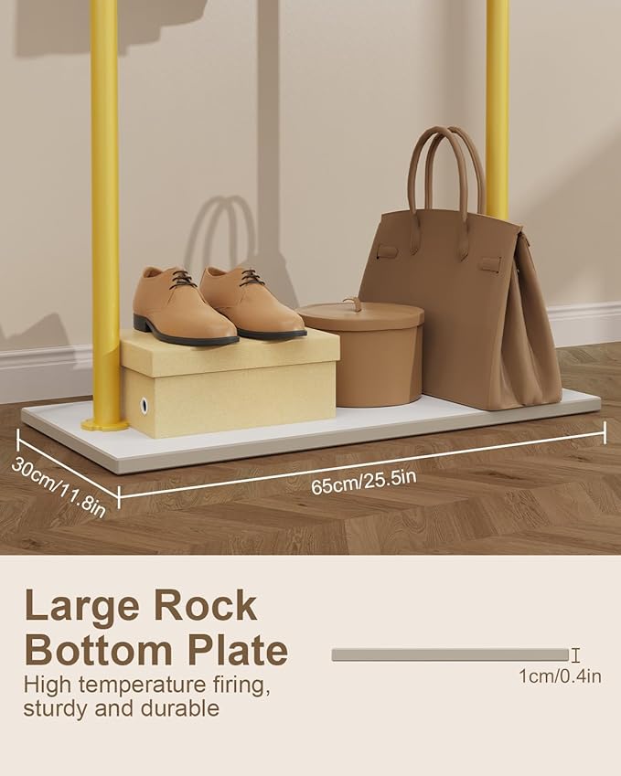 Large Metal Coat Rack Freestanding, Modern Coat Hanger Stand with 2 Hooks and Heavy Rock Slab Base, Industrial Clothing Rack, Coat Stand, 25.6 x 11.8 x 68.9 In, Golden Yellow, GYJ202LWJ