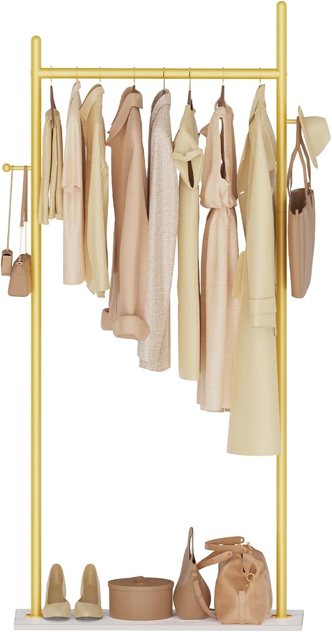 Large Metal Coat Rack Freestanding, Modern Coat Hanger Stand with 2 Hooks and Heavy Rock Slab Base, Industrial Clothing Rack, Coat Stand, 25.6 x 11.8 x 68.9 In, Golden Yellow, GYJ202LWJ
