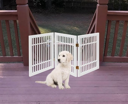 Pet Dog Gate Strong and Durable Freestanding Folding Acacia Hardwood Portable Wooden Fence Indoors or Outdoors by Urnporium (White Pet Gate, 3 Panel 24" Tall)