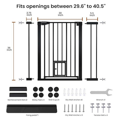 Mumeasy 36" High Extra Tall Baby Gate with Cat Door, 29.6"-40.5" Wide Pressure Mounted Dog Gate with Small Pet Door, Auto Close Pet Gate for House,Stairs,Doorways,Black