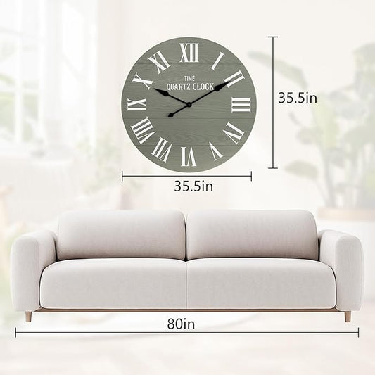 ARTPOWER Large Farmhouse Wall Clock, 35.5” Shiplap Wall Clock with Roman Numeral, Nearly Non-Ticking, Round Wall Clocks for Living Room Decor, Office, Bedroom, Entrance, Sage Green