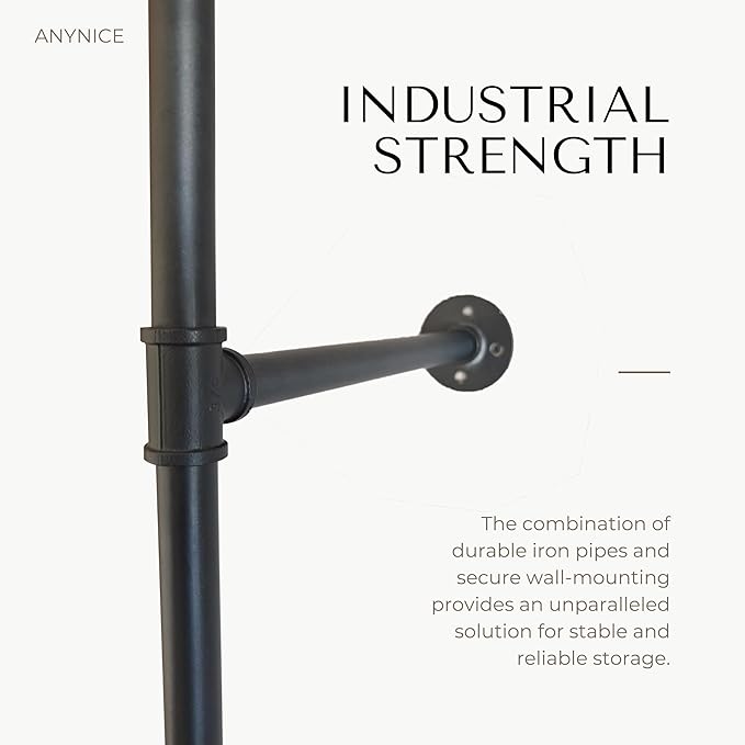 Industrial Pipe Clothing Rack, Heavy Duty Wall Mounted Clothes Rack, Retail Display Hanging Garment Rod for Laundry Rooms, Closet Storage 14.6x110x82.7 Inches, Model K07