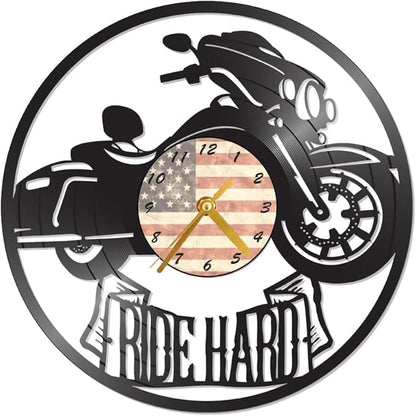 Motorcycle Wall Clock, 12 Inch Round Vinyl Record Design, Black with American Flag Face, Battery Power