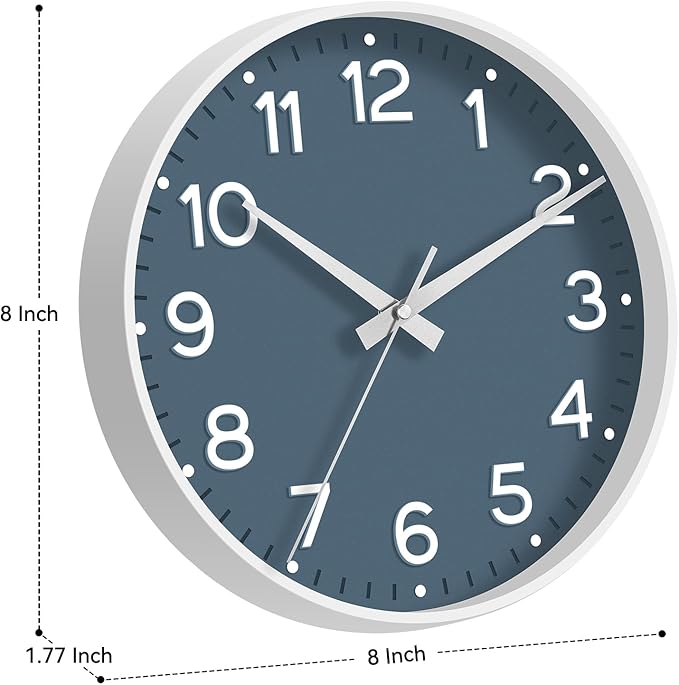 Wall Clock, Silent Wall Clocks Battery Operated 8 Inch-Modern Non Ticking Analog Clock Decorative for Kitchen Office Bathroom Bedroom(Azure Blue)