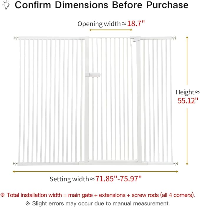 Lumizone Extra Tall Cat Gate 55.12" High Pressure Mounted Extra Wide 2025 New (17 Sizes) 1.37" Gap No Drilling Auto-Close One-Handed Operation Tall Pet Gate for Dogs(White, 55.12" H x 71.85"-75.97" W)