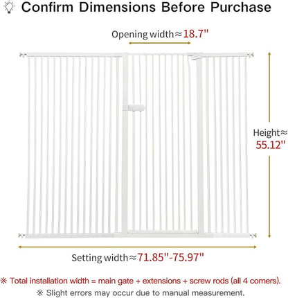 Lumizone Extra Tall Cat Gate 55.12" High Pressure Mounted Extra Wide 2025 New (17 Sizes) 1.37" Gap No Drilling Auto-Close One-Handed Operation Tall Pet Gate for Dogs(White, 55.12" H x 71.85"-75.97" W)