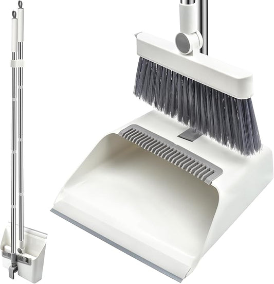Long-Handled Broom and Dustpan Set, Windproof Broom Combination, 180-degree Rotating Brush Head with Upright Dustpan, Suitable for Indoor and Outdoor Cleaning. (White)