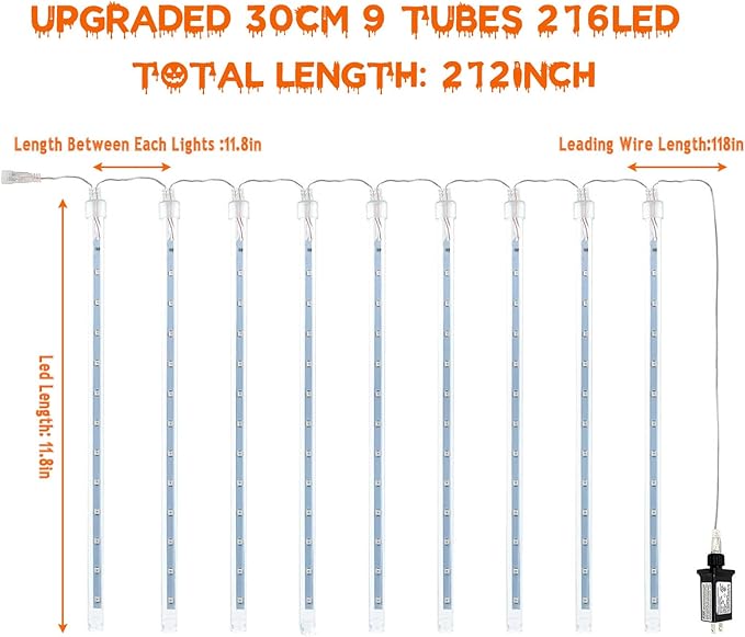 Outdoor Halloween Lights, 2 Pack Extendable Meteor Shower Lights Outdoor Waterproof with Timer, Total 432LED 18 Tubes Cascading String Light Plug in for Garden Halloween Yard (Orange Purple and Green)