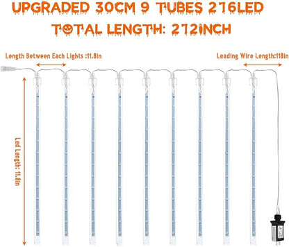 Outdoor Halloween Lights, 2 Pack Extendable Meteor Shower Lights Outdoor Waterproof with Timer, Total 432LED 18 Tubes Cascading String Light Plug in for Garden Halloween Yard (Orange Purple and Green)