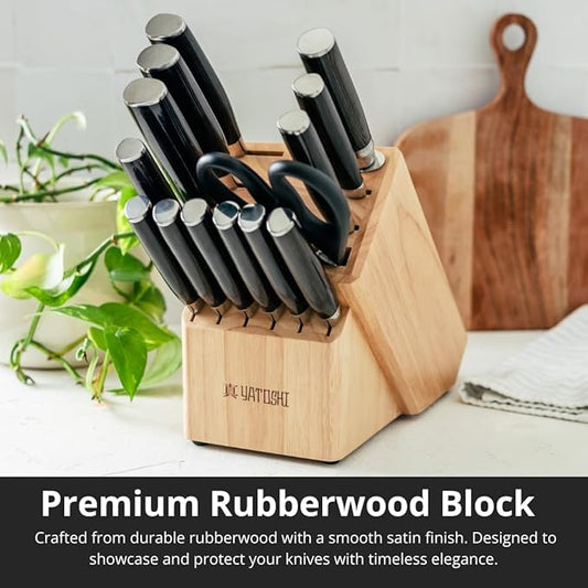 Yatoshi 15 Piece Knife Block Set - Pro Kitchen Knife Set Ultra Sharp High Carbon Stainless Steel with Ergonomic Handle