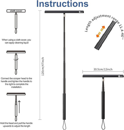Shower Squeegee with Hook, Stainless Steel Core Glass Wiper, Silicone Rubber Household Squeegees for Shower Glass Doors, Telescoping Handled 12 in Squeegee,Black