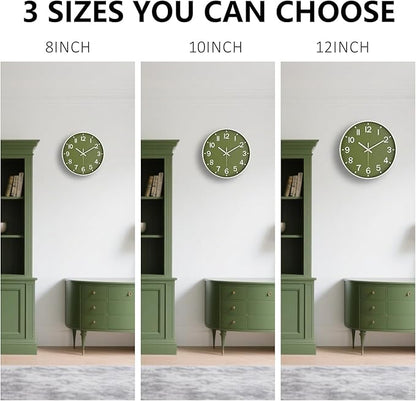 Modern Wall Clock, 10 Inch Digital Wall Clocks Battery Operated, Round Non Ticking Silent Analog Clock for Bedroom Living Room Kitchen Office Gym Classroom Decor, Olive Green