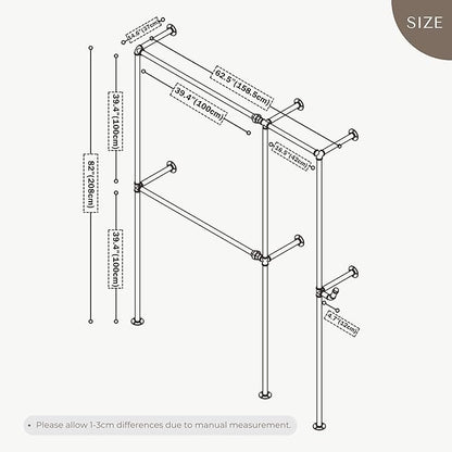 Industrial Pipe Clothing Rack, Heavy Duty Wall Mounted Clothes Rack, Retail Display Hanging Garment Rod for Laundry Rooms, Closet Storage, 14.6x62.5x82.7 Inches, Model AF01