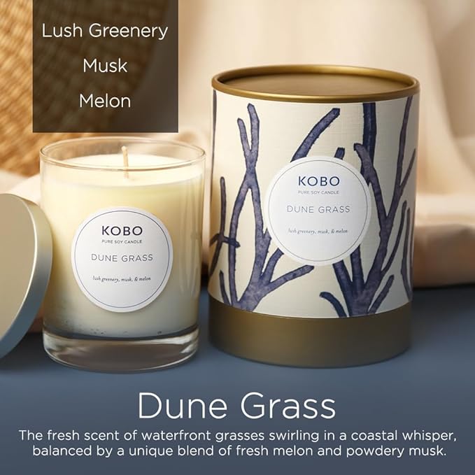 KOBO Dune Grass Scented Candle (11 oz) | Coastal Collection, 100% Pure Soy Wax Candles | Hand-Poured in USA | 80 Hour Burn | Scented Candles for Home